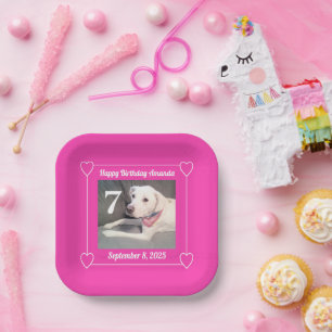 Assiettes En Carton Photo de chiot mignon Anniversaire 7 coeurs rose c