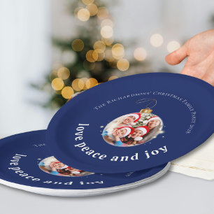 Assiettes En Carton Photo de famille Noël Bleu Amour Paix Joie Fête