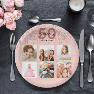 Assiettes En Carton Photo de fête d'anniversaire rose or rose