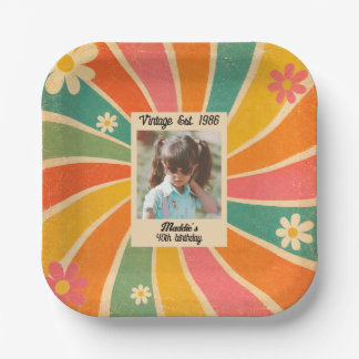 Assiettes En Carton Photo de naissance personnalisé couleur vintage ré