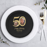 Assiettes En Carton Photo d'or noir du 50e anniversaire moderne<br><div class="desc">Typographie audacieuse tendance 50 ans homme anniversaire drôle personnalisées plaques de papier de fête modèle avec 2 photos et script moderne de style rétro. Facile à customiser avec votre texte et vos images.</div>