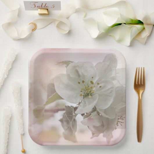 Assiettes En Carton Photo en fleurs de pomme blanche (Mariage)