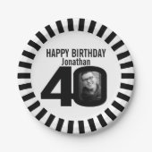 Assiettes En Carton Photo et rayures de 40e anniversaire noir et blanc (Devant)