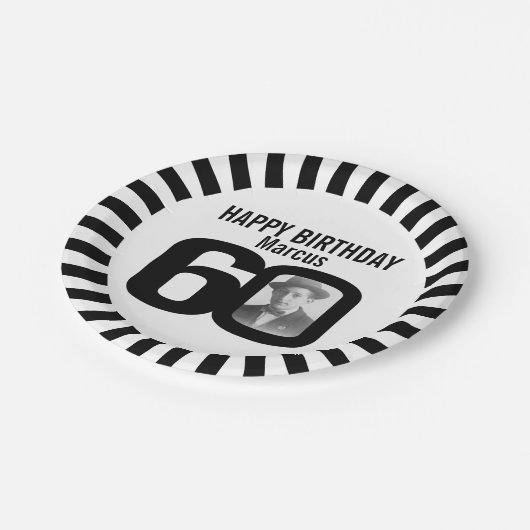 Assiettes En Carton Photo et rayures de 60e anniversaire noir et blanc (Angle)
