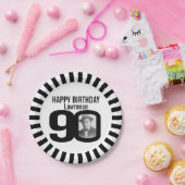 Assiettes En Carton Photo et rayures de 90e anniversaire noir et blanc (Fête)