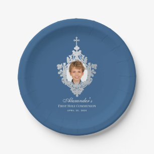 Assiettes En Carton Photo First Communion Boy Classic Blue Elegant