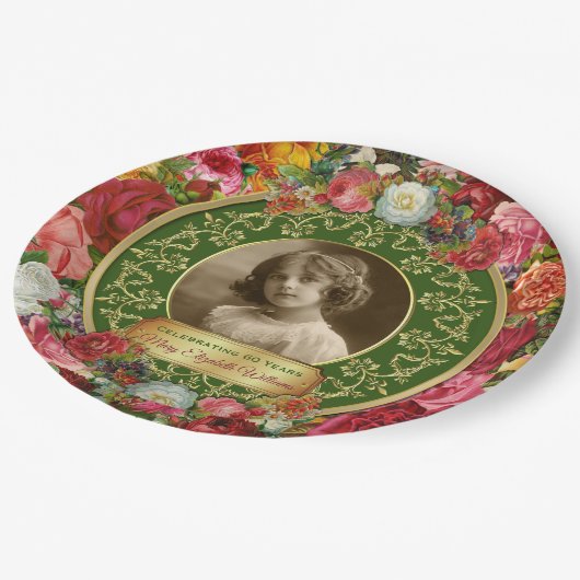 Assiettes En Carton Photo Gold Roses magnifiques Commémoratif Vert fon (Angle)