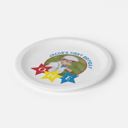 Assiettes En Carton Photo moderne minimlisant 1er anniversaire (Angle)