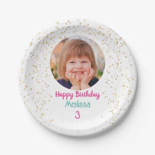 Assiettes En Carton Photo / Nom / Age Joyeux B'day, Gold Stars Wht