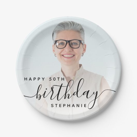 Assiettes En Carton Photo personnalisée Script noir 50e anniversaire (Devant)