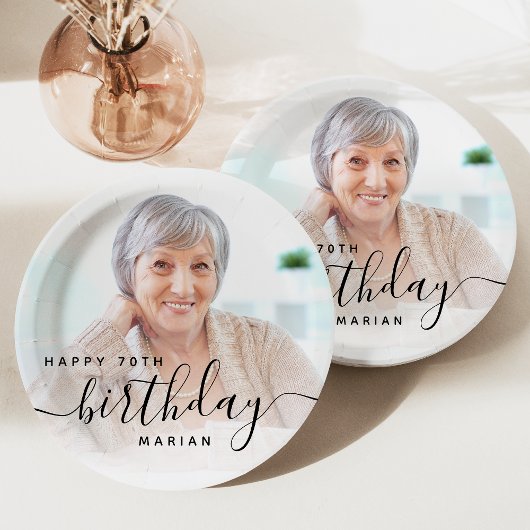 Assiettes En Carton Photo personnalisée Script noir 70e anniversaire
