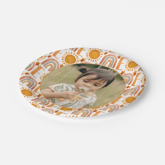 Assiettes En Carton Photo personnalisée "Un" Arc en ciel et papier sol (Angle)