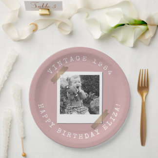Assiettes En Carton Photo Polaroid Anniversaire Vintage Rose Poussiére