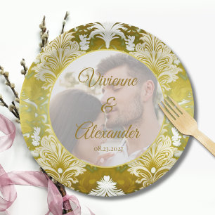 Assiettes En Carton Photo Retro Gold Green Mariage damassé