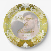 Assiettes En Carton Photo Retro Gold Green Mariage damassé (Devant)