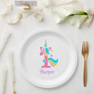 Assiettes En Carton Photo rose et violet du premier anniversaire de la