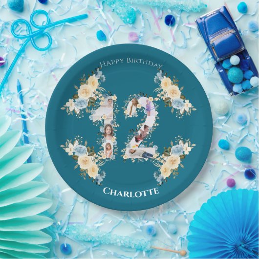 Assiettes En Carton Photo turquoise 12e anniversaire Collage Fleur Jau (Fête)