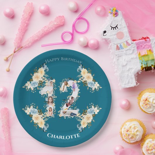 Assiettes En Carton Photo turquoise 12e anniversaire Collage Fleur Jau (Fête)