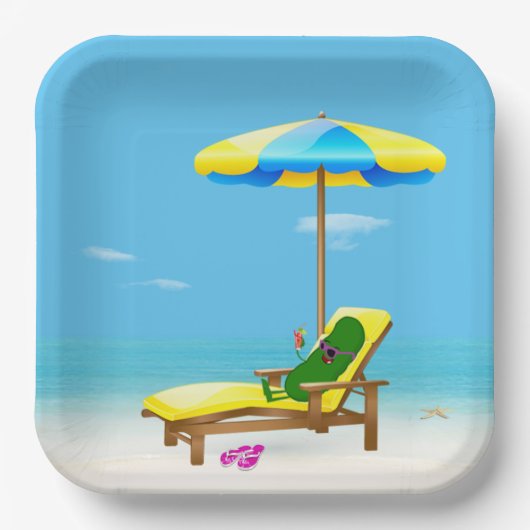 Assiettes En Carton Picket Vert Sur Le Transat De Plage (Recto)