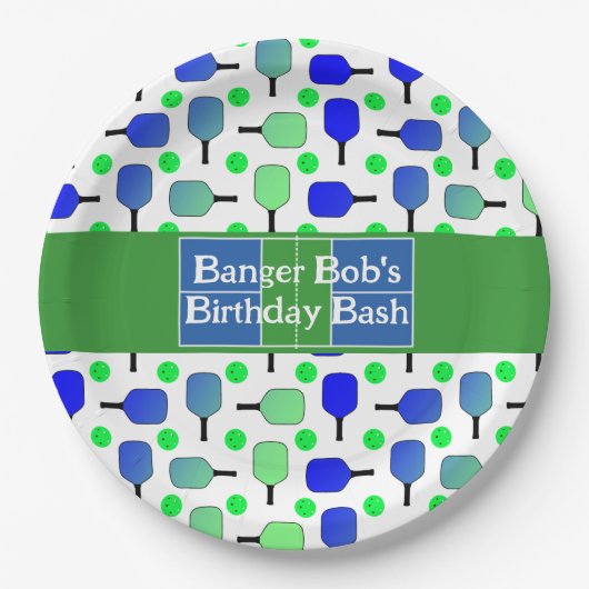 Assiettes En Carton Pickleball Anniversaire Bleu Vert Paddle Ball Beng (Devant)