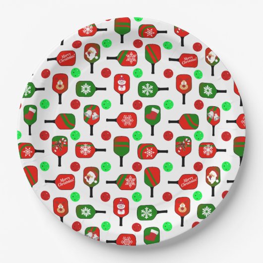 Assiettes En Carton Pickleball de Noël Rouge Green Paddles Balls X Mas (Devant)