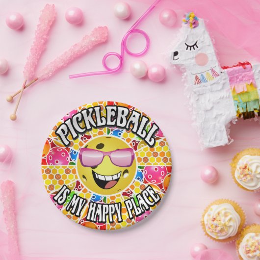 Assiettes En Carton Pickleball est mon endroit heureux - Graphique col (Fête)