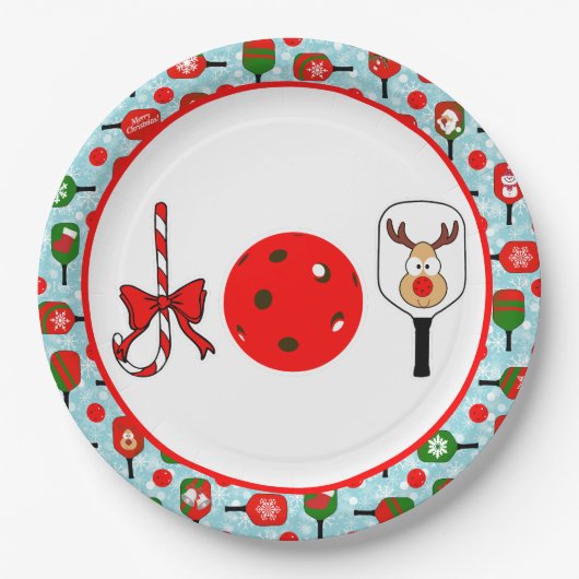 Assiettes En Carton Pickleball Joie fête de Noël Rouge Vert sur Bleu (Devant)