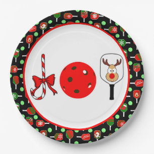 Assiettes En Carton Pickleball Joie fête de Noël Rouge Vert sur Noir