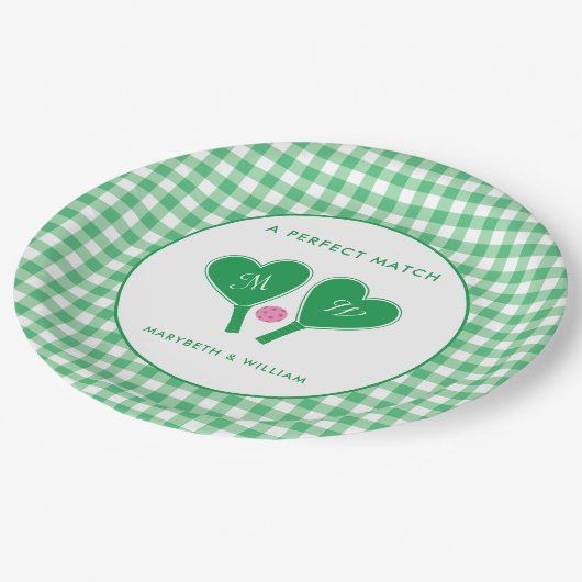 Assiettes En Carton Pickleball Mariage rose et vert Preppy (Angle)