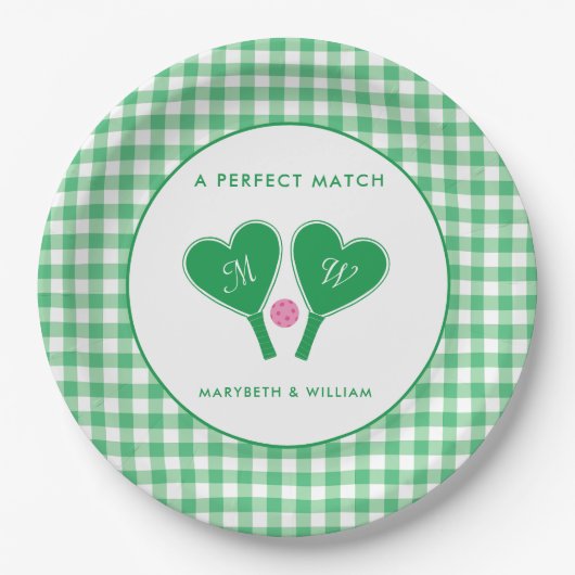 Assiettes En Carton Pickleball Mariage rose et vert Preppy (Devant)