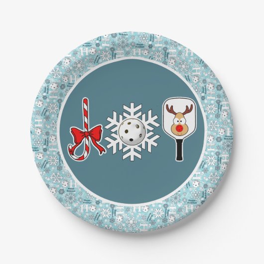 Assiettes En Carton Pickleball Noël Joie Bleu et Blanc Snowballs (Devant)