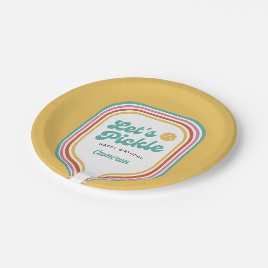 Assiettes En Carton Pickleball Party Pickle Retro Rainbow Stripe (Angle)
