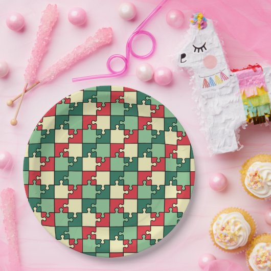 Assiettes En Carton Pièces de puzzle géométrique rouge vert Motif (Fête)