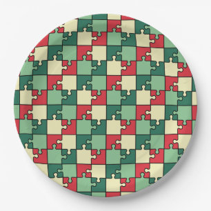 Assiettes En Carton Pièces de puzzle géométrique rouge vert Motif