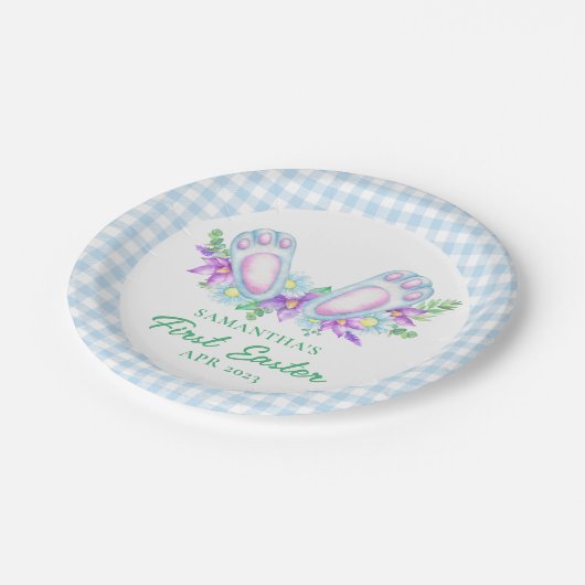 Assiettes En Carton Pied Plaid Bleu Personnalisé Mes premiers pieds Pâ (Angle)