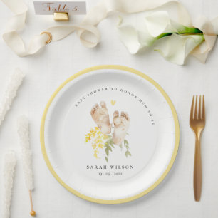 Assiettes En Carton Pieds bébé Jaune Floral Sexe Baby shower neutre