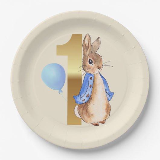 Assiettes En Carton Pierre le lapin 1er anniversaire Ballon bleu (Devant)