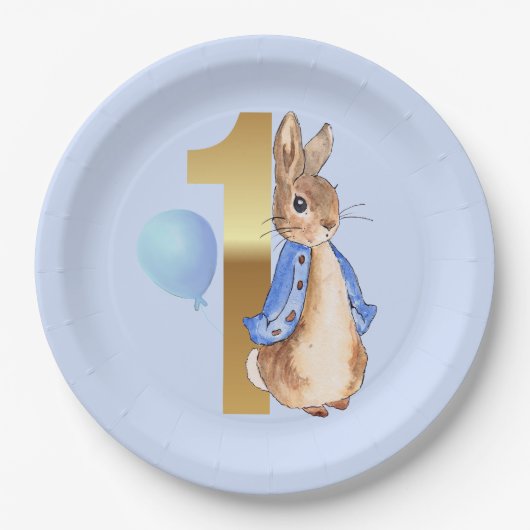 Assiettes En Carton Pierre le lapin 1er anniversaire Ballon bleu (Devant)