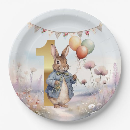 Assiettes En Carton Pierre le lapin avec ballons Premier anniversaire (Devant)