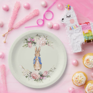 Assiettes En Carton Pierre le lapin, couronne de fleurs roses