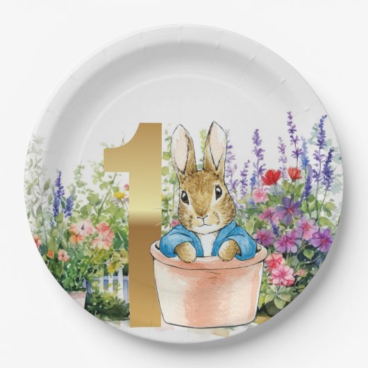Assiettes En Carton Pierre le lapin dans un pot premier anniversaire (Devant)