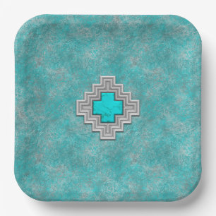 Assiettes En Carton Pierre Turquoise du Sud-Ouest Motif Géométrique
