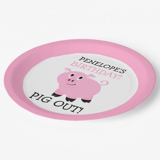 Assiettes En Carton Pig Out C'est une fête rose Personnalisé Parti (Angle)