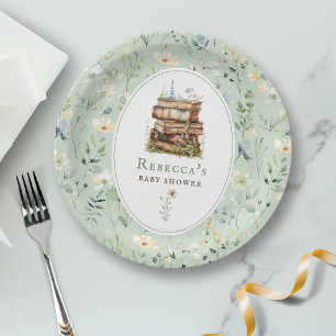 Assiettes En Carton Pile de livres baby shower aquarelle, fleur sauvag