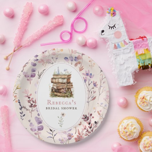Assiettes En Carton Pile de livres Baby shower aquarelle fleur sauvage (Fête)
