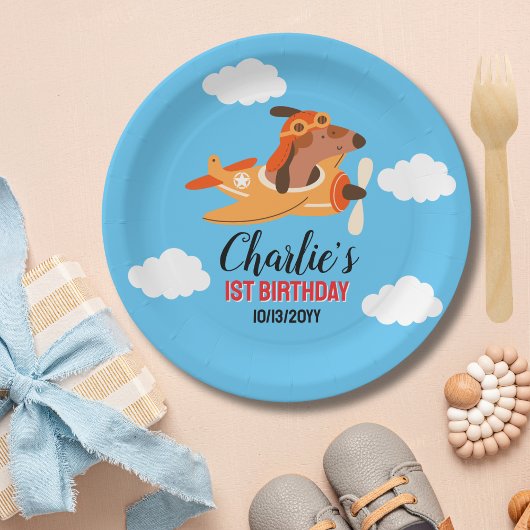 Assiettes En Carton Pilote de chien avion volant, Enfants mignons bleu