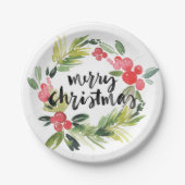 Assiettes En Carton Pin d'aquarelle et couronne blanche Joyeux Noël (Devant)