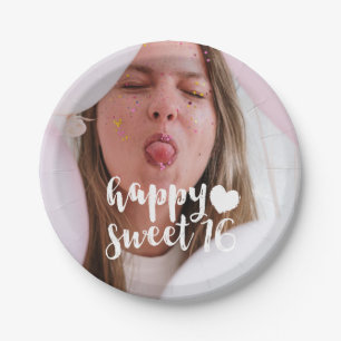 Assiettes En Carton Pinceau blanc Script Joyeux Sweet 16 Photo