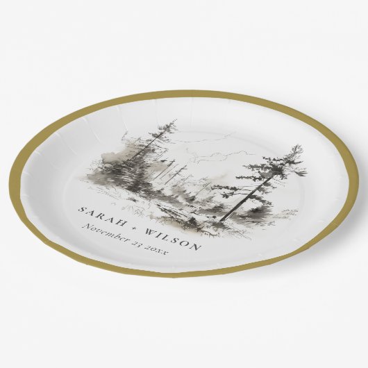 Assiettes En Carton Pine Woods Mountain Paysage Mariage de croquis (Angle)