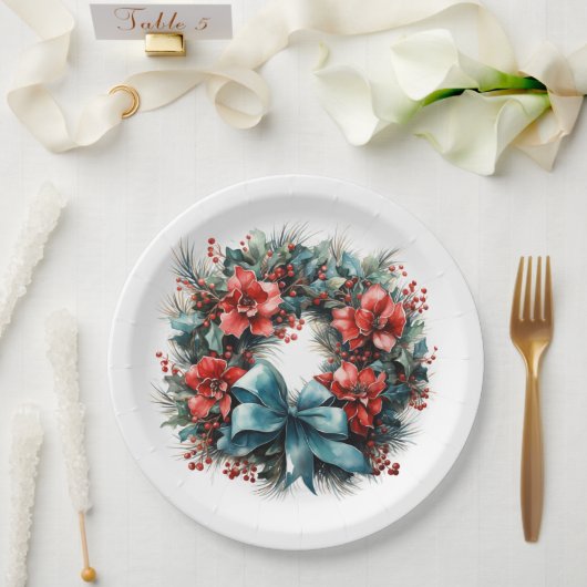 Assiettes En Carton Pine Wreath avec Holly Christmas (Mariage)